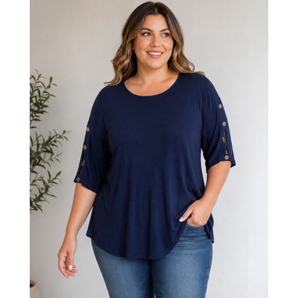 Kim Rogers Tops - Kim Rogers Curvy Navy Blue Button Cutout Sleeve Knit Top 2X